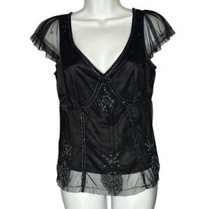 Womens Vintage Y2K Bandolino Silky Beaded Mesh Flutter Sleeve Blouse‎ Size Small